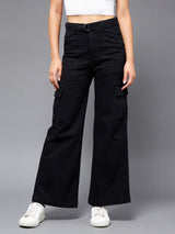 Women's Black Wide Leg High Rise Clean Look Regular Stretchable Denim Jeans