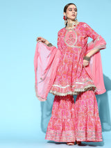 Women's Floral Pure Cotton Short Kurti with Sharara