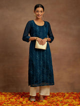Women's Blue Chanderi Silk Thread Work Straight Kurta