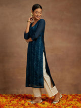 Women's Blue Chanderi Silk Thread Work Straight Kurta