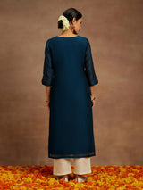 Women's Blue Chanderi Silk Thread Work Straight Kurta