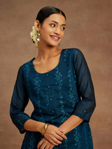 Women's Blue Chanderi Silk Thread Work Straight Kurta