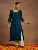 Women's Blue Chanderi Silk Thread Work Straight Kurta