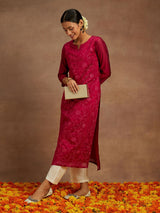 Women's Hot Pink Chanderi Silk Thread Work Straight Kurta