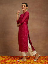 Women's Hot Pink Chanderi Silk Thread Work Straight Kurta