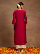 Women's Hot Pink Chanderi Silk Thread Work Straight Kurta