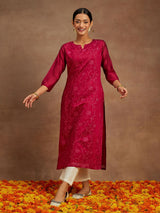 Women's Hot Pink Chanderi Silk Thread Work Straight Kurta