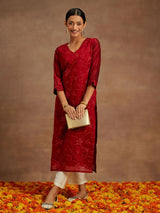 Women's Red Chanderi Silk Thread Work Straight Kurta