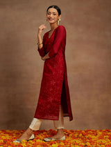 Women's Red Chanderi Silk Thread Work Straight Kurta