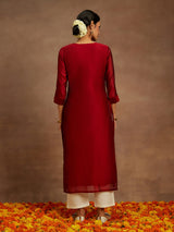 Women's Red Chanderi Silk Thread Work Straight Kurta