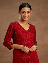 Women's Red Chanderi Silk Thread Work Straight Kurta