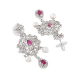 Women's Rhodium Plated CZ Sparkling Dangle Earrings with Pearls