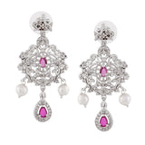 Women's Rhodium Plated CZ Sparkling Dangle Earrings with Pearls