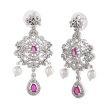Women's Rhodium Plated CZ Sparkling Dangle Earrings with Pearls