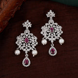 Women's Rhodium Plated CZ Sparkling Dangle Earrings with Pearls