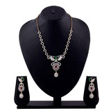 Women's Gold Plated CZ Peacock Designer Necklace Set with Enamel