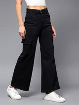 Women's Black Wide Leg High Rise Clean Look Regular Stretchable Denim Jeans