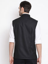 Men's Black Solid Cotton Blend Full Sleeves Nehru Jacket