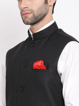 Men's Black Solid Cotton Blend Full Sleeves Nehru Jacket