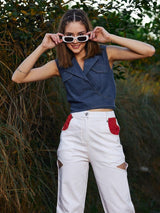 Women's Blue Casual Solid Regular Fit Sleeveless Top
