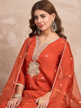 Women's Rust Kurta Set with Intricate Zari Embroidery Paired with Solid Trouser and Dupatta