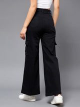 Women's Black Wide Leg High Rise Clean Look Regular Stretchable Denim Jeans