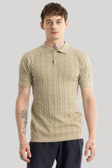 Men's Beige Casual Slim Fit Textured Half Sleeves Polo Tshirt