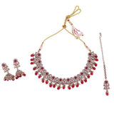 Women's and Girls Trendy Leaf and Paisley Design Red Stone Gold Plated Choker Necklace Set with Maangikka