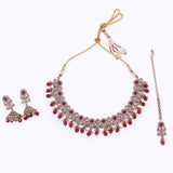 Women's and Girls Trendy Leaf and Paisley Design Red Stone Gold Plated Choker Necklace Set with Maangikka