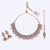 Women's and Girls Splendid Leaf and Paisley Design Pearls Guchha Gold Plated Choker Necklace Set with Maangikka