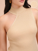 Women's Beige Casual Self-Design Sleeveless Sweater