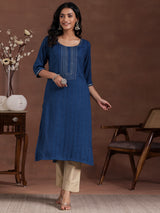 Women's Blue Woven Design Viscose Rayon Kurta with Pocket