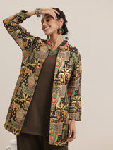 Women's Green Solid Straight Short Kurta With Palazzo and Woven Design Jacket