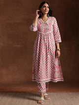 Women's Pink Floral Printed Panelled a-line Kurta with Printed Pink Palazzo