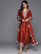 Women's Rust Thread And Sequins Embroidred Kurta With Bottom And Dupatta