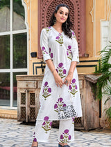 Women's White and Lavender Floral A-Line Kurta Set