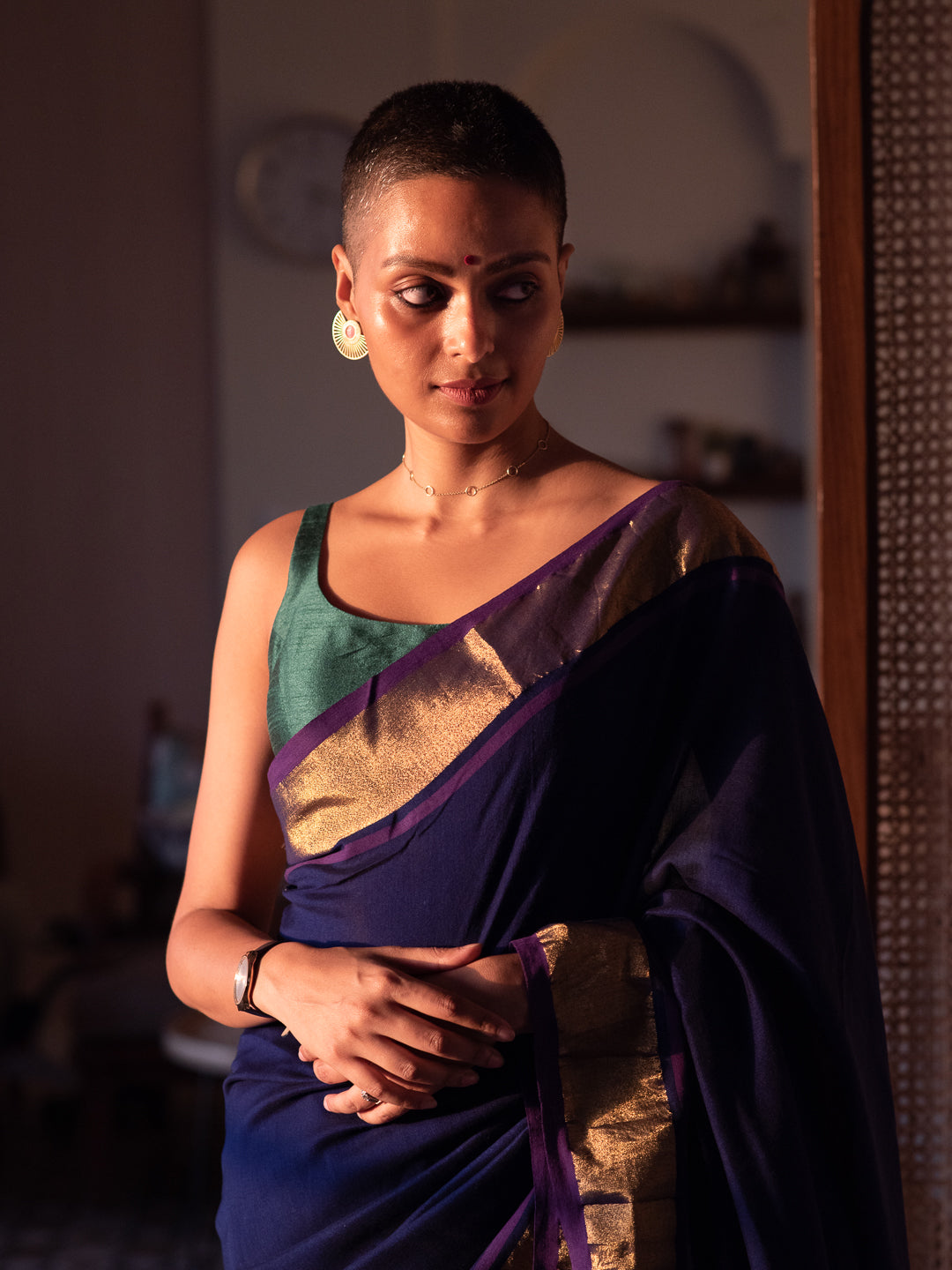 Women's Blue Cotton Blend Saree