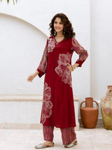 Women's Maroon Foil-Printed A-Line in German Rayon Kurta Set