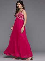 Women's Fuchsia Embroidered Anarkali Strap Kurta Paired With Tonal Dupatta