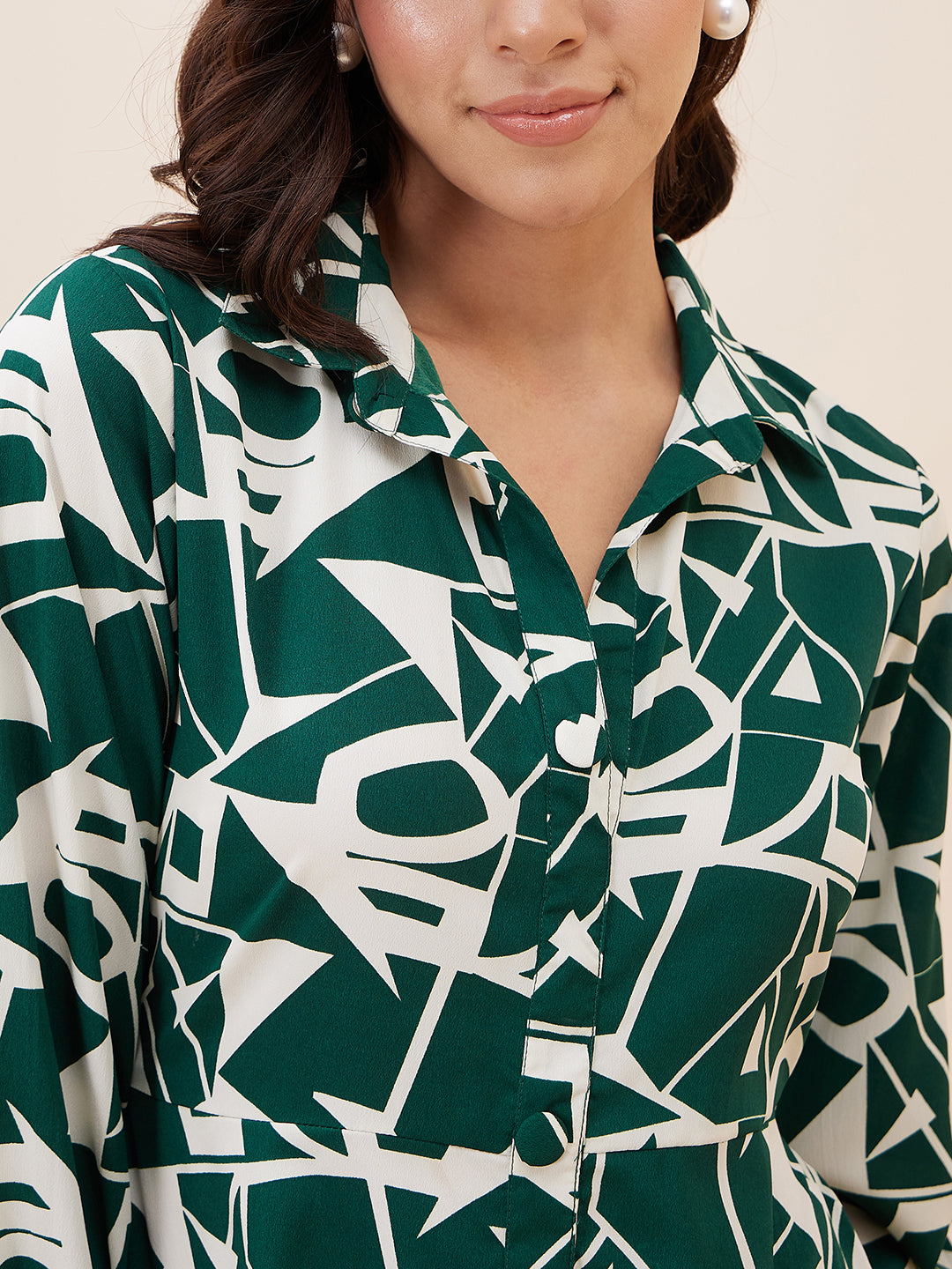Women's Green Geometric Printed Shirt Midi Dress