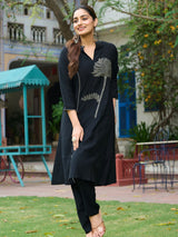 Women's Black Beaded Palm Motif Kurta Pant Set