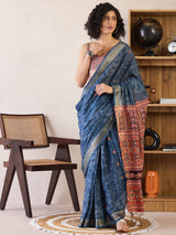 Women's Cotton Navy Printed Ready to Wear with Blouse Piece