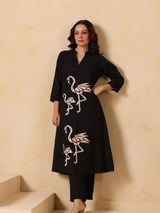 Women's Black Embroidered Cotton Kurta Pant Set