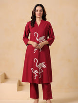 Women's Maroon Embroidered Cotton Kurta Pant Set