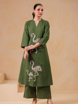 Women's Emerald Base Flamingo Embroidered Cotton Kurta Set