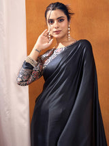 Women's Satin Silk Black Printed Designer Saree With Blouse Piece