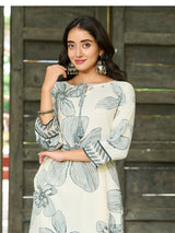 Women's Off White Monochrome Leaf Motif Embroidered Rayon Kurta Set