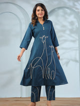Women's Peacock Blue Animal Motif Cord Work  in Cotton Cambric Kurta Set