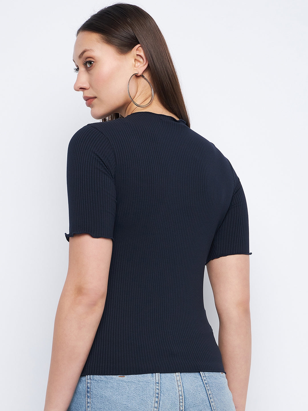 Women's Navy Casual Regular Fit Solid Half Sleeves Top