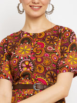 Women's Pink Casual Printed Maxi Dress with Belt